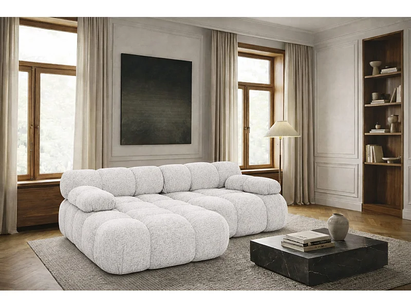 Canapé d’angle L mini modulaire, tissu bouclé Abriamo, Écru, Gauche, Selia