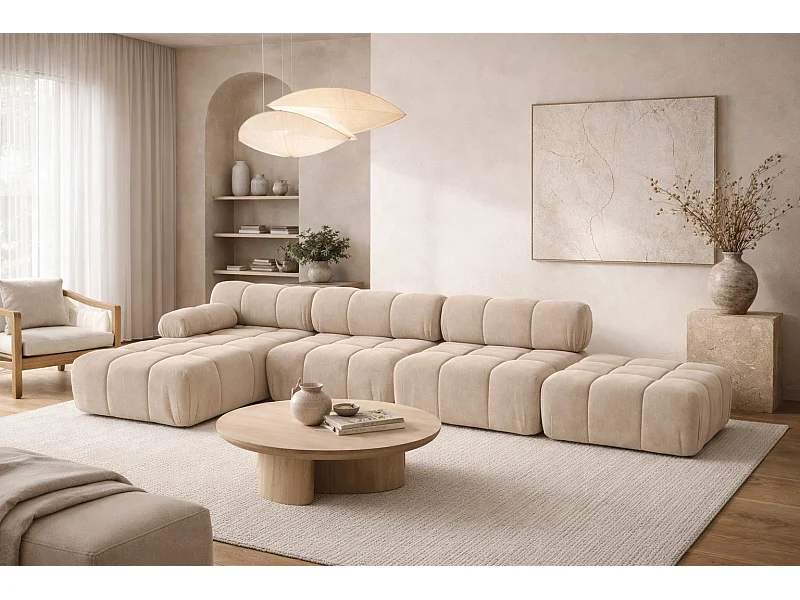 Narożnik modułowy w kształcie L, tkanina welur Salvador, Beżowy, Lewy, Selia L XL