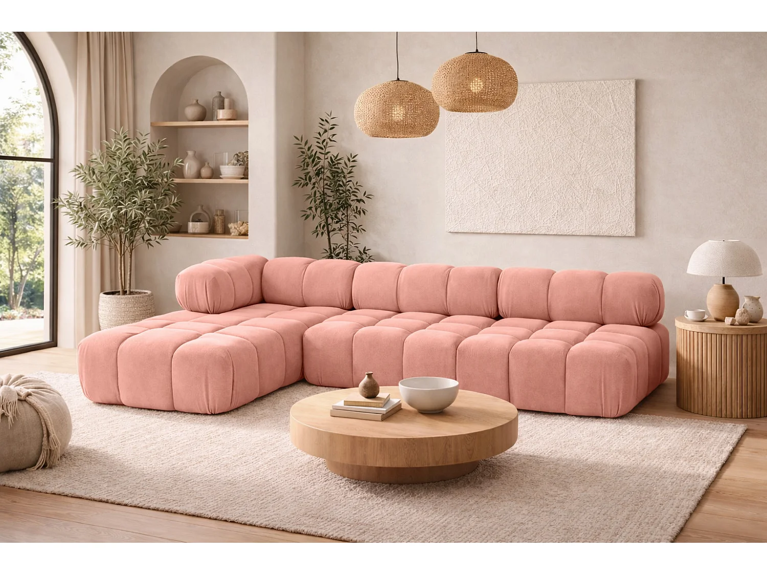 Ecksofa Modulare L-Form, Veloursstoff Salvador, Rosa, Links, Selia