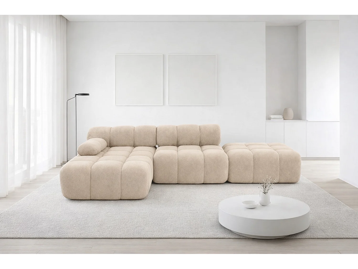Ecksofa modular mit Hocker, Sofa L-Form, Veloursstoff Salvador, Beige, Links, Selia