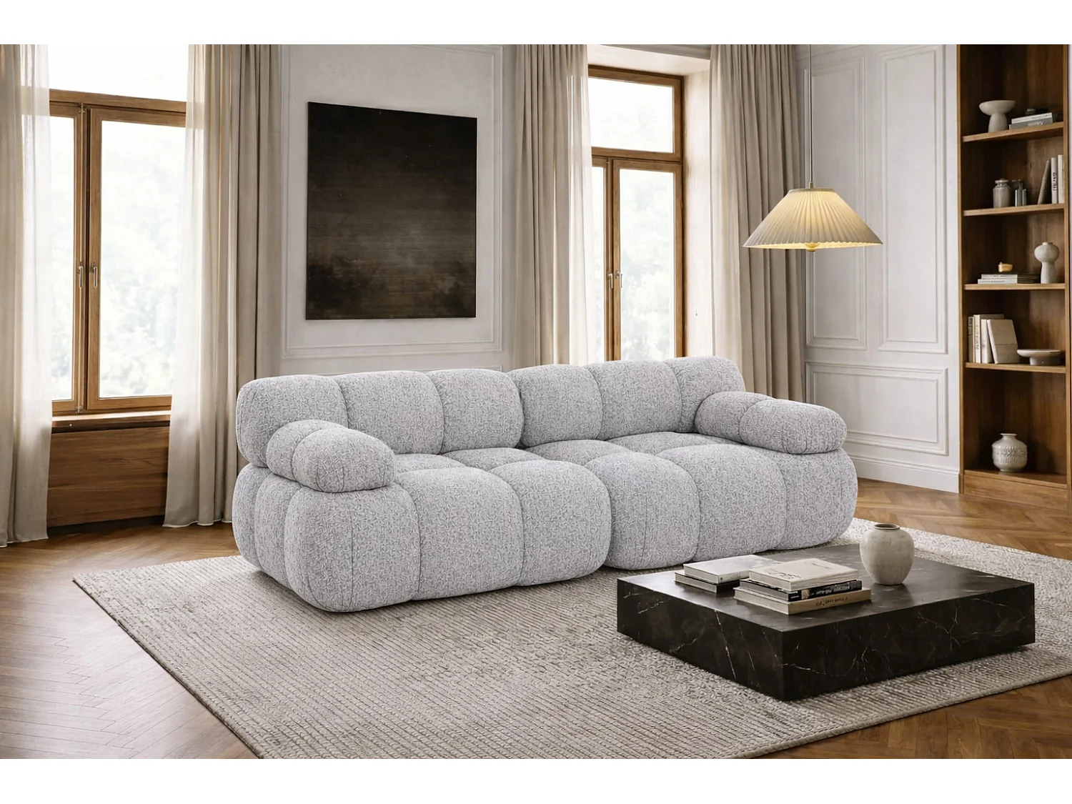 Couch, 2-Sitzer Sofa modular, Bouclé-Stoff Abriamo, Hellgrau, Selia