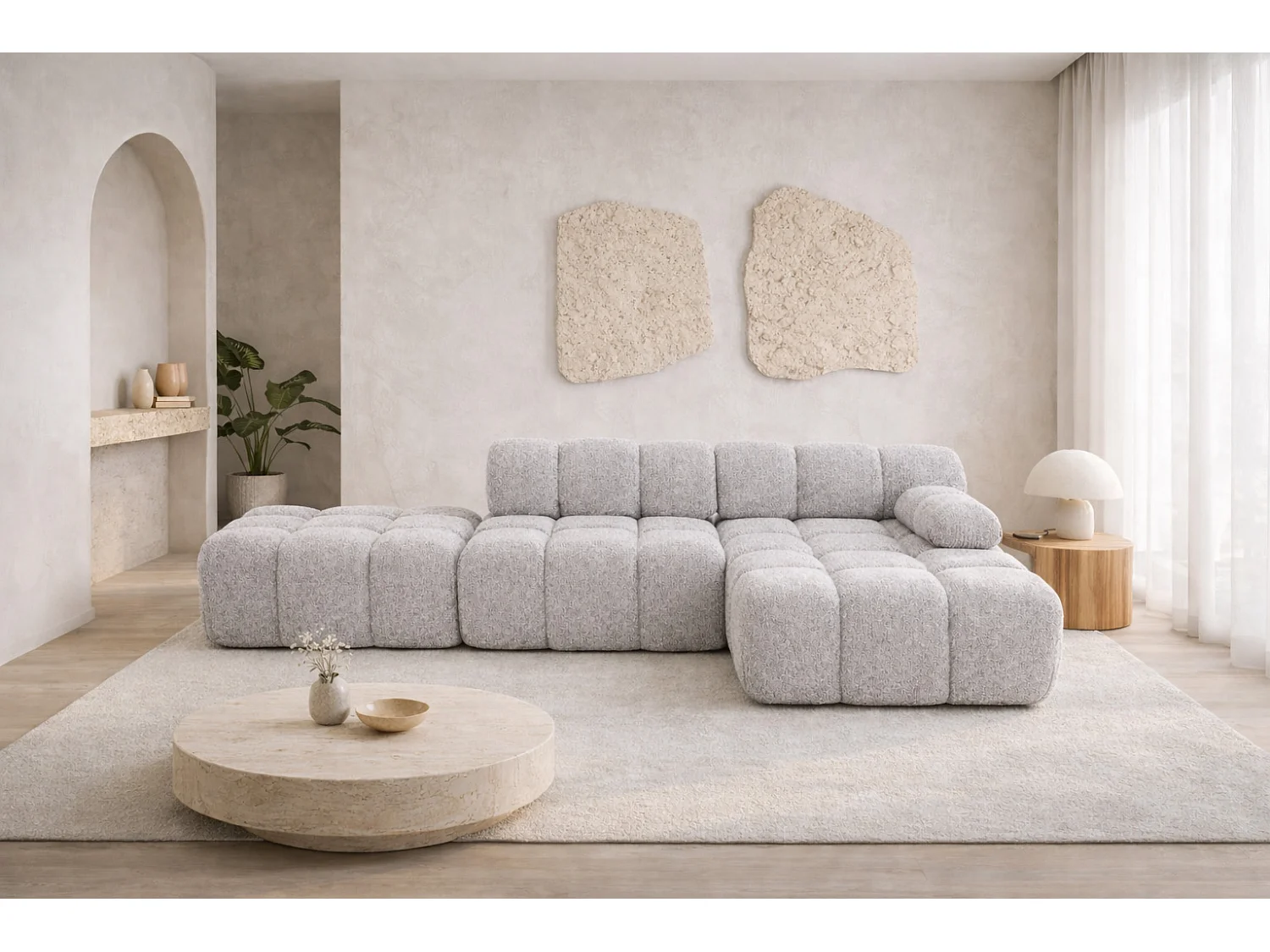Ecksofa modular mit Hocker, Sofa L-Form, Bouclé-Stoff Abriamo, Hellgrau, Rechts, Selia