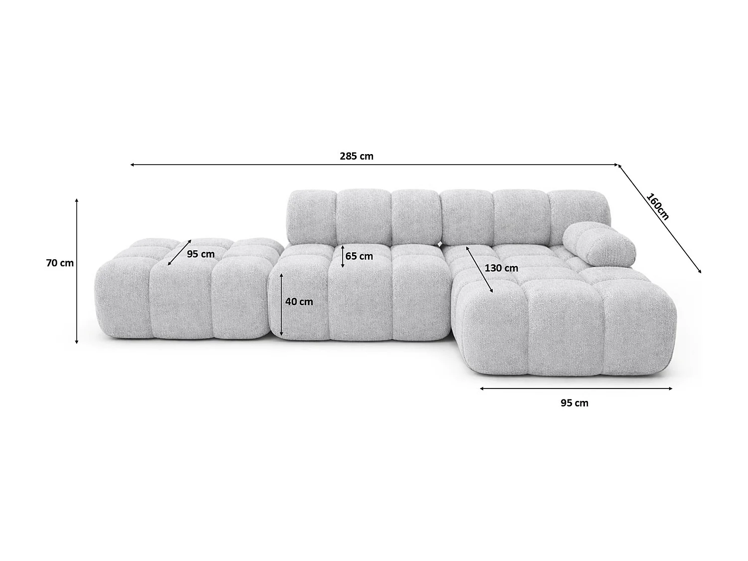 Ecksofa modular mit Hocker, Sofa L-Form, Bouclé-Stoff Abriamo, Hellgrau, Rechts, Selia