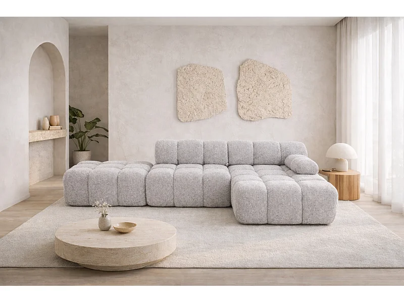Ecksofa modular mit Hocker, Sofa L-Form, Bouclé-Stoff Abriamo, Hellgrau, Rechts, Selia
