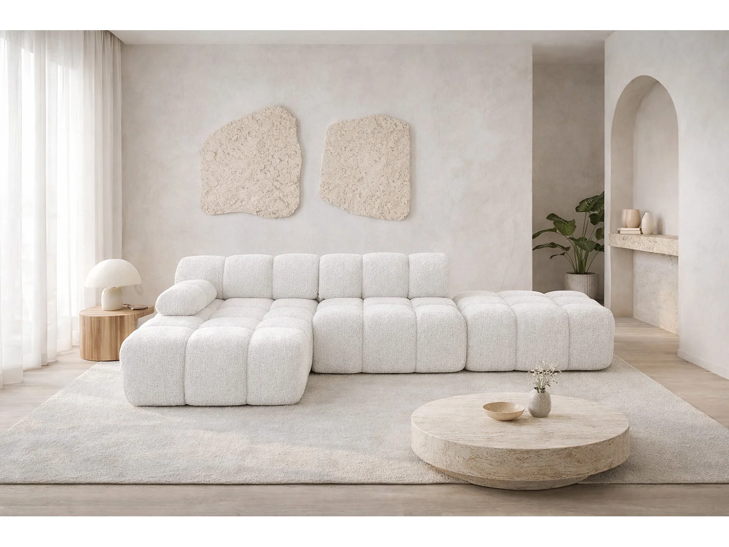 Hoekbank modulair met hocker, bank in L-vorm, bouclé stof Abriamo, ecru, links, Selia