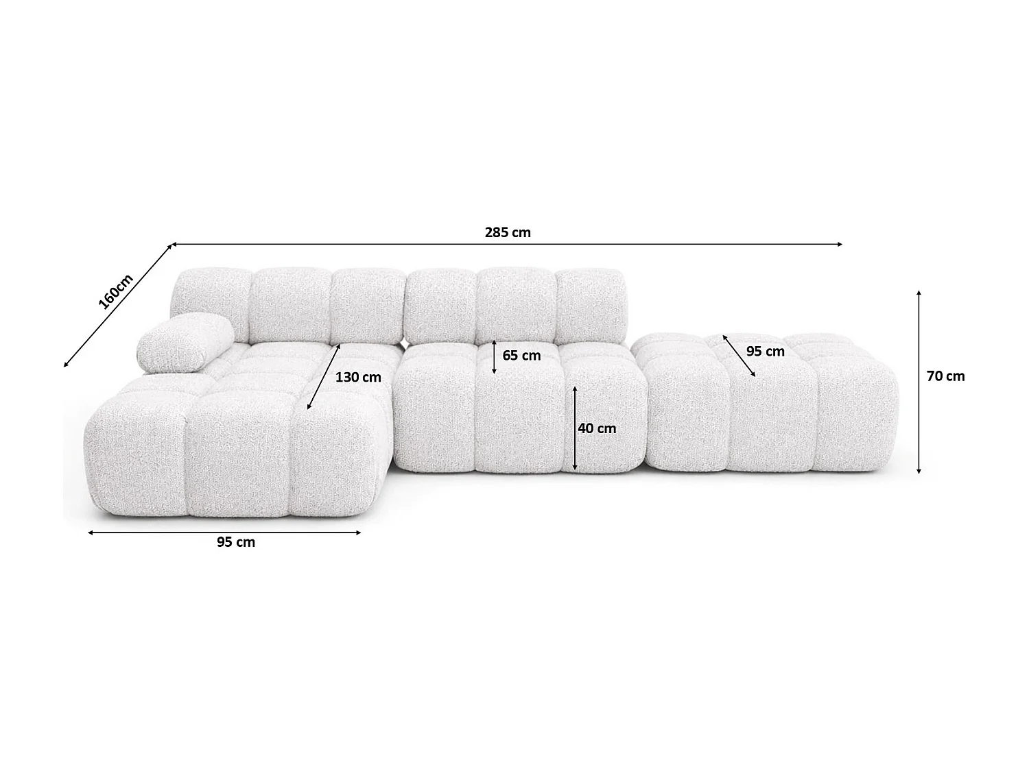 Hoekbank modulair met hocker, bank in L-vorm, bouclé stof Abriamo, ecru, links, Selia