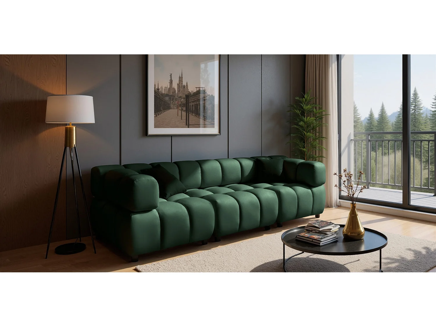 Canapé modulaire 4 places, Velours Bluvel, Vert, Bolla