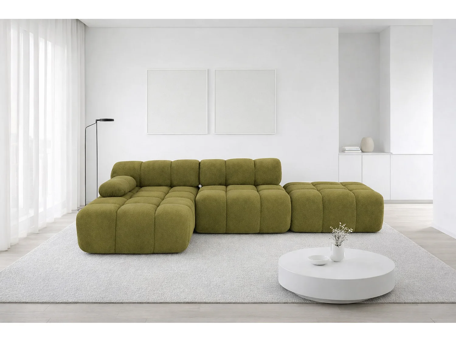 Ecksofa modular mit Hocker, Sofa L-Form, Veloursstoff Salvador, Olive, Links, Selia