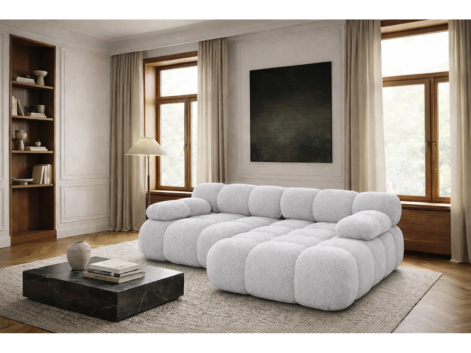 Divano angolare modulare a L Mini, tessuto bouclé Abriamo, Grigio chiaro, Destro, Selia