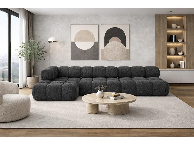 Hoekbank modulair L-vorm, bouclé stof Abriamo, grafiet, links, Selia