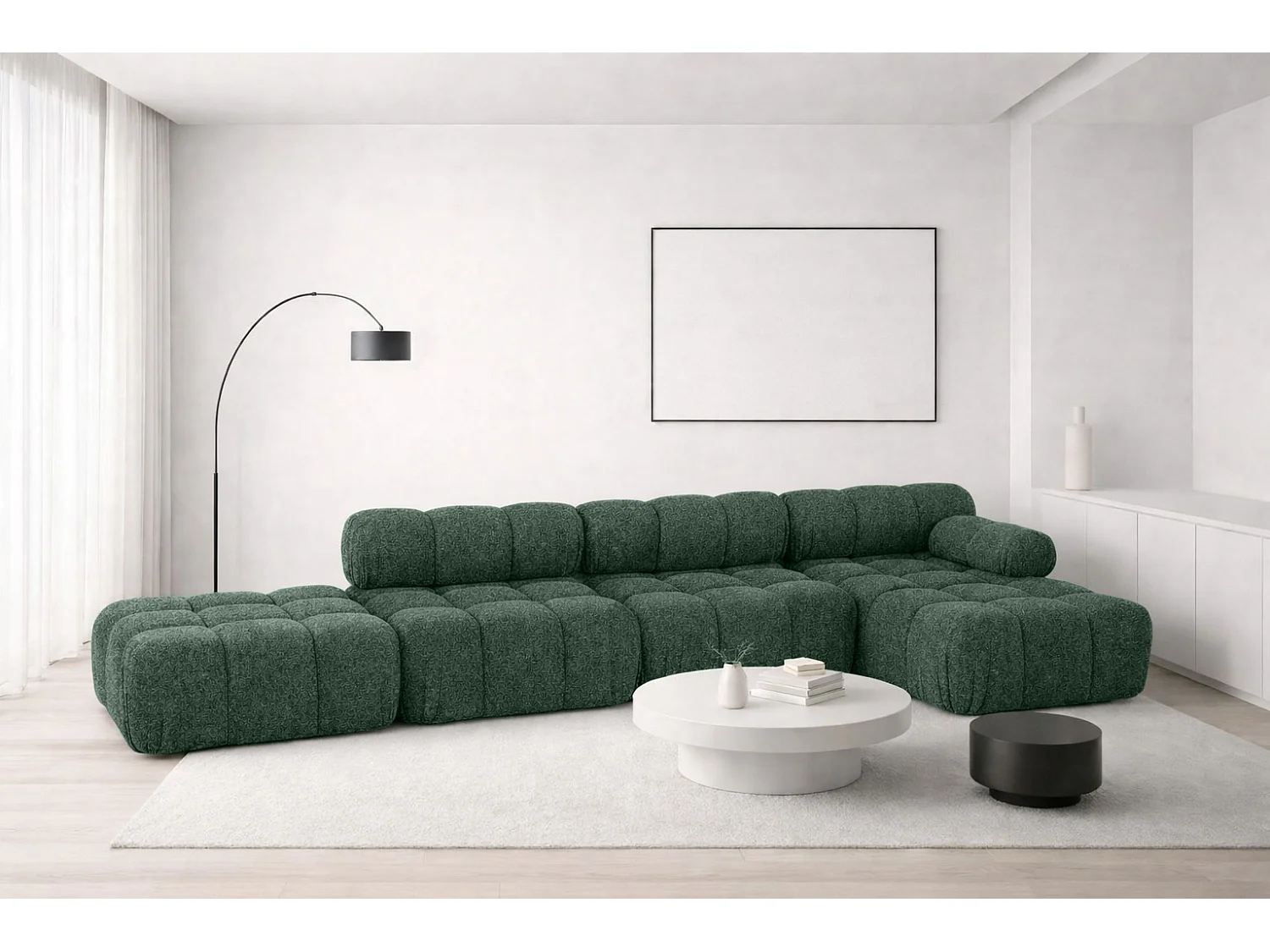 Narożnik modułowy w kształcie L, tkanina bukla Abriamo, Ciemnozielony, Prawy, Selia L XL