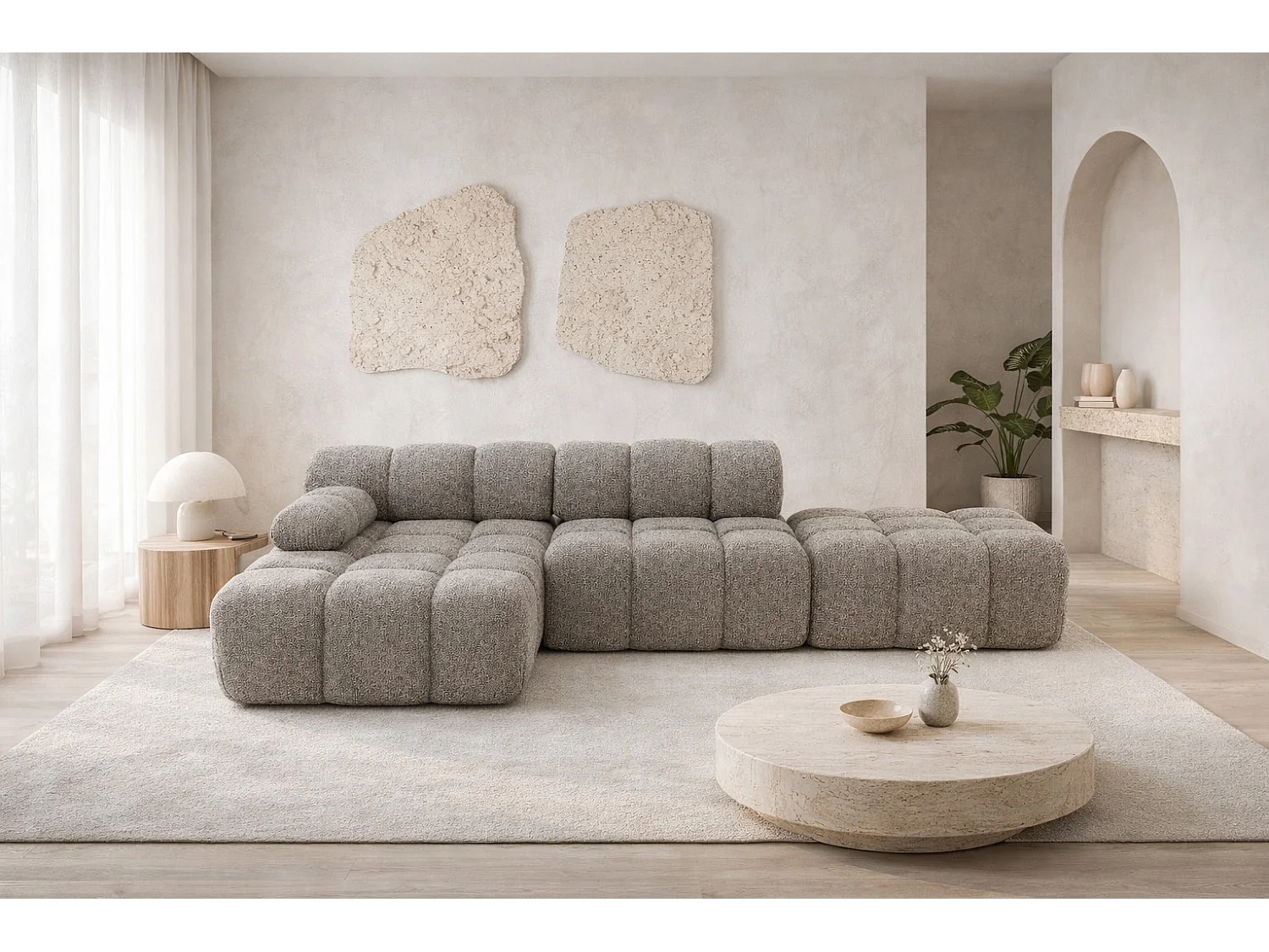 Ecksofa modular mit Hocker, Sofa L-Form, Bouclé-Stoff Abriamo, Braun, Links, Selia