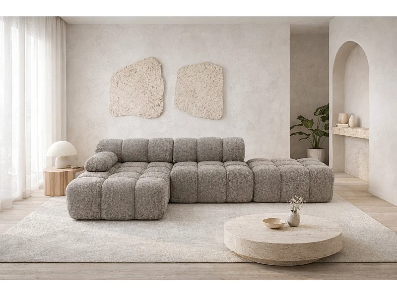 Ecksofa modular mit Hocker, Sofa L-Form, Bouclé-Stoff Abriamo, Braun, Links, Selia