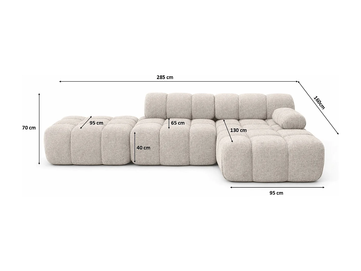 Ecksofa modular mit Hocker, Sofa L-Form, Bouclé-Stoff Abriamo, Beige, Rechts, Selia