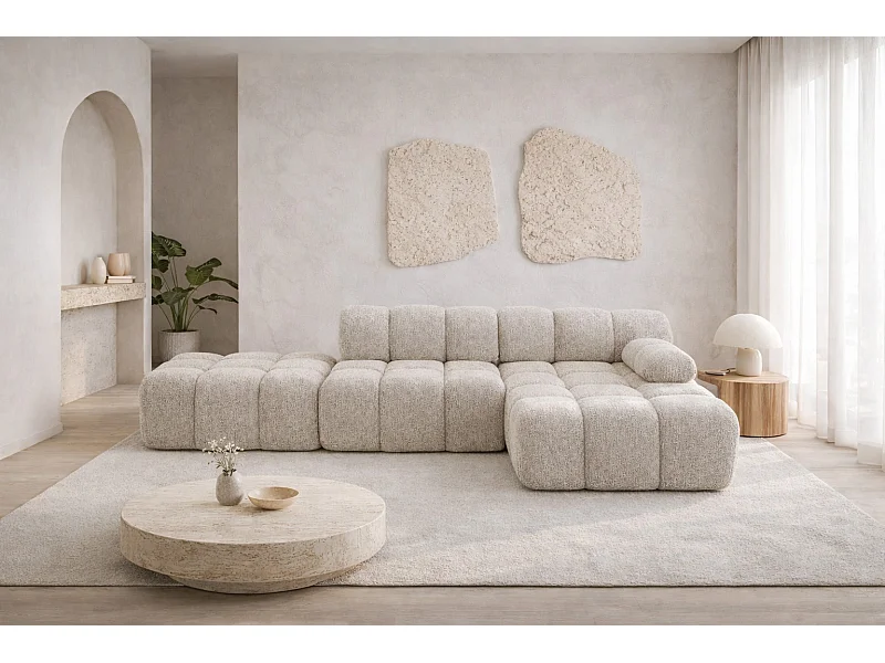 Ecksofa modular mit Hocker, Sofa L-Form, Bouclé-Stoff Abriamo, Beige, Rechts, Selia