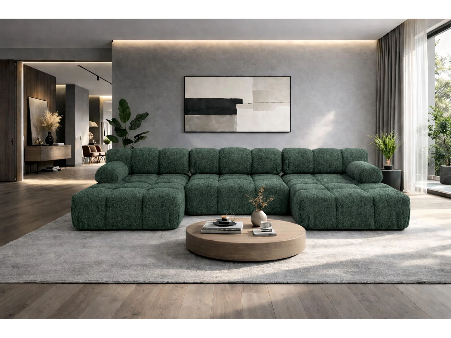 Ecksofa U-Form, Stoff Bouclé Abriamo, Dunkelgrün, Selia U