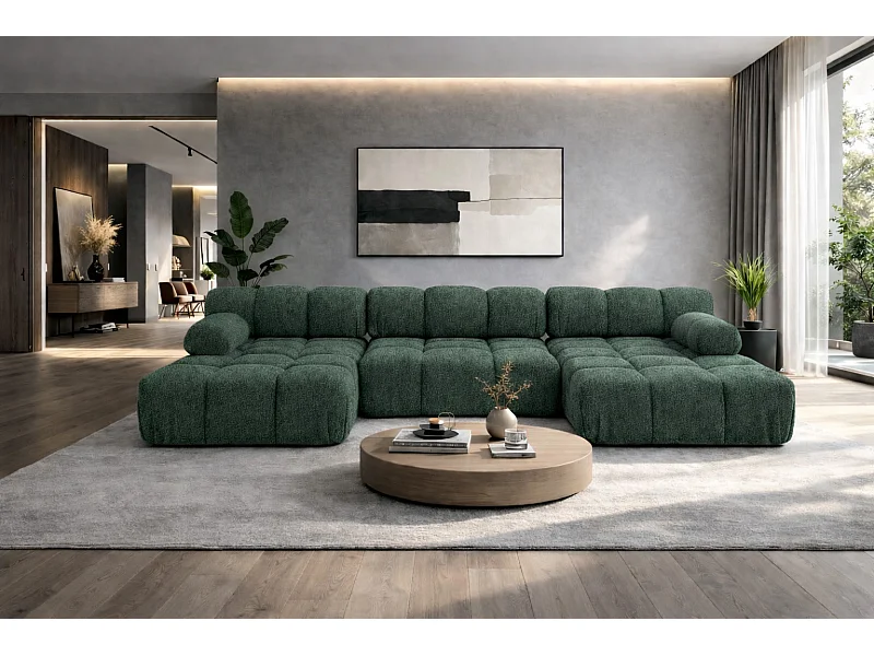 Ecksofa U-Form, Stoff Bouclé Abriamo, Dunkelgrün, Selia U