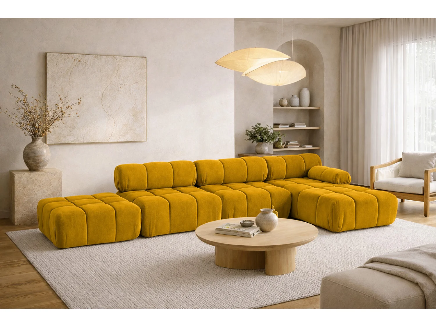 Hoekbank L-vorm XL, stof velours Salvador, Geel, Rechts, Selia L XL