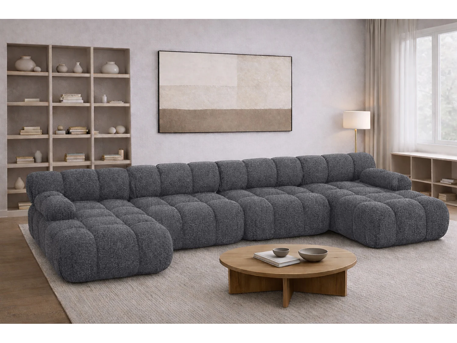 Narożnik modułowy w kształcie U XL, tkanina bukla Abriamo, Ciemnoszary, Selia U XL