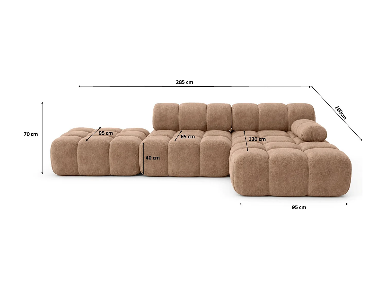 Narożnik modułowy w kształcie L z pufą, tkanina welurowa Salvador, Ciemnobeżowy, Prawy, Selia