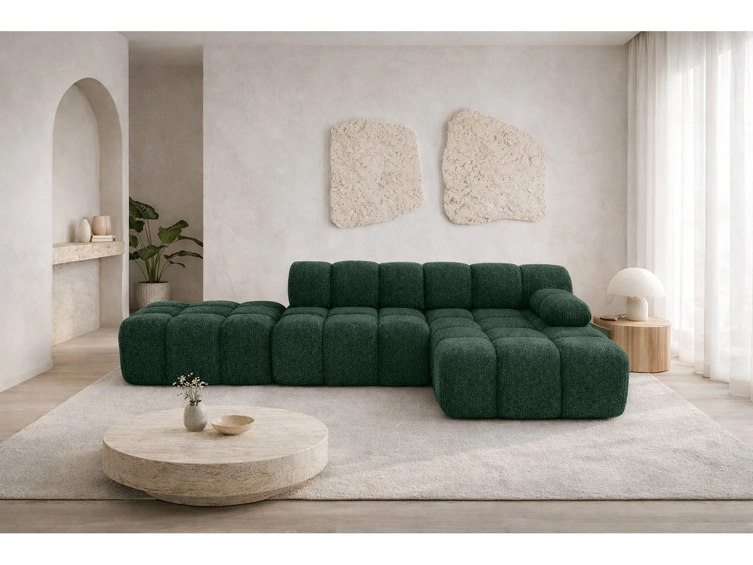 Ecksofa modular mit Hocker, Sofa L-Form, Bouclé-Stoff Abriamo, Dunkelgrün, Rechts, Selia