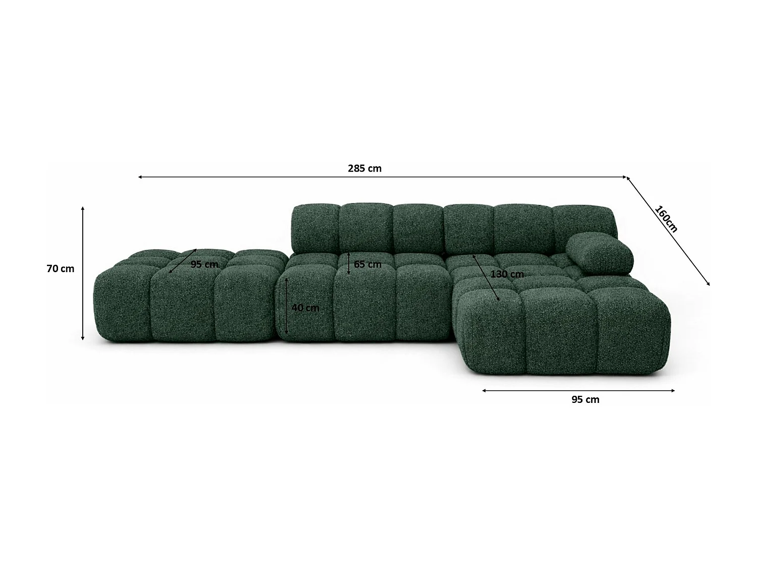 Ecksofa modular mit Hocker, Sofa L-Form, Bouclé-Stoff Abriamo, Dunkelgrün, Rechts, Selia