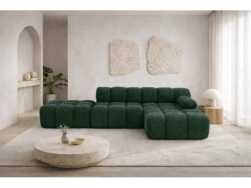 Ecksofa modular mit Hocker, Sofa L-Form, Bouclé-Stoff Abriamo, Dunkelgrün, Rechts, Selia