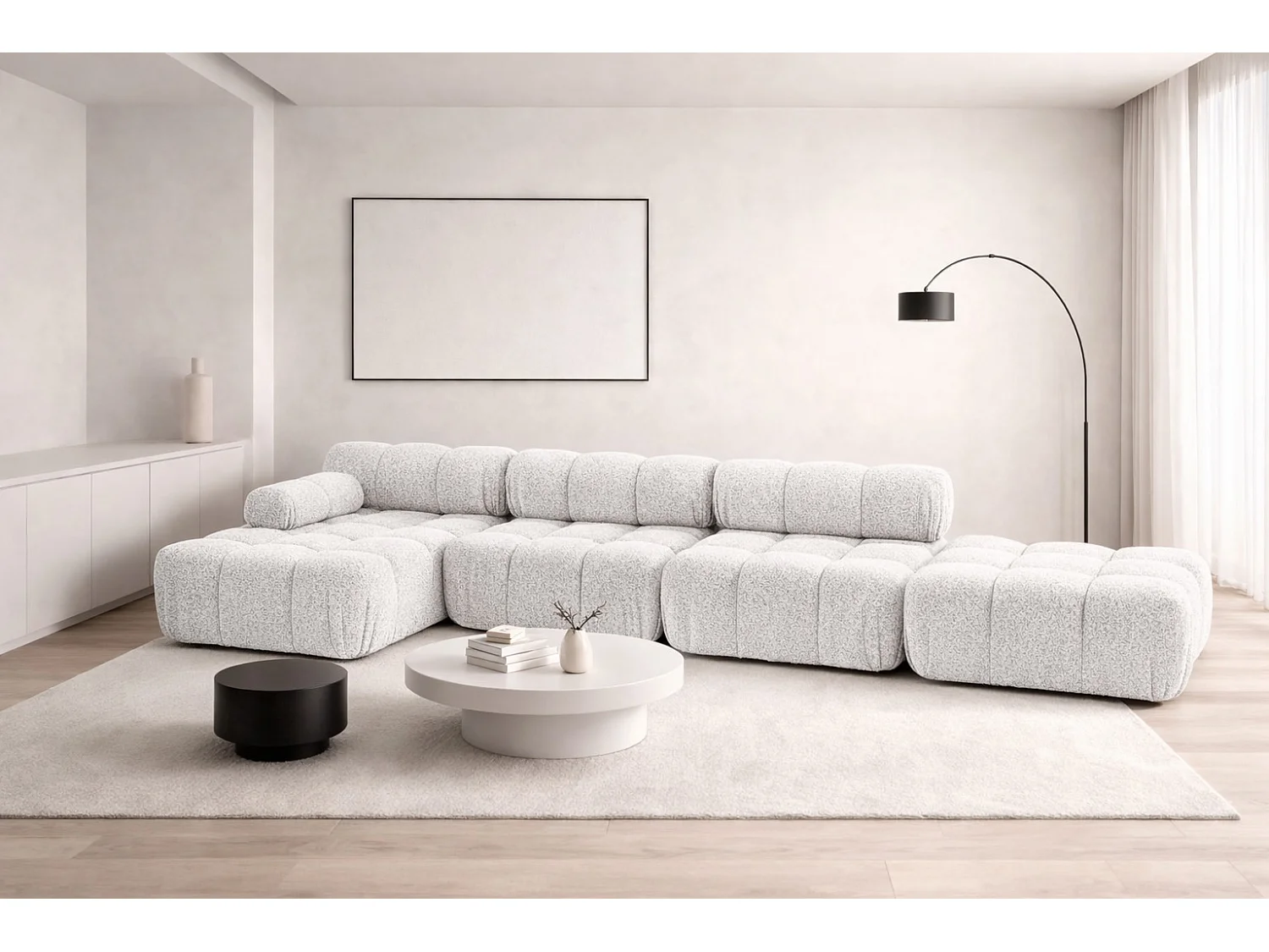 Narożnik modułowy w kształcie L, tkanina bukla Abriamo, Ecru, Lewy, Selia L XL