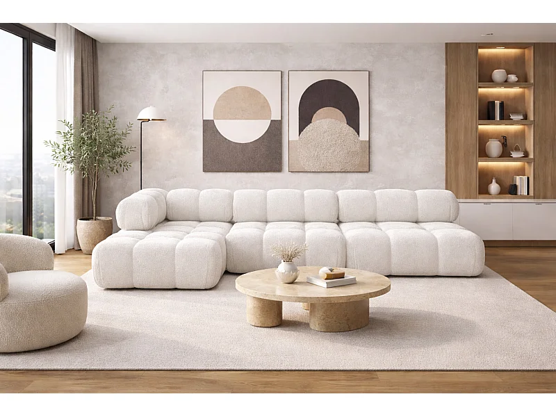 Hoekbank modulair L-vorm, bouclé stof Abriamo, ecru, links, Selia