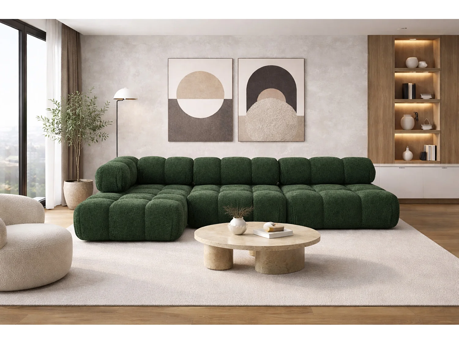 Ecksofa Modulare L-Form, Bouclé-Stoff Abriamo, Dunkelgrün, Links, Selia