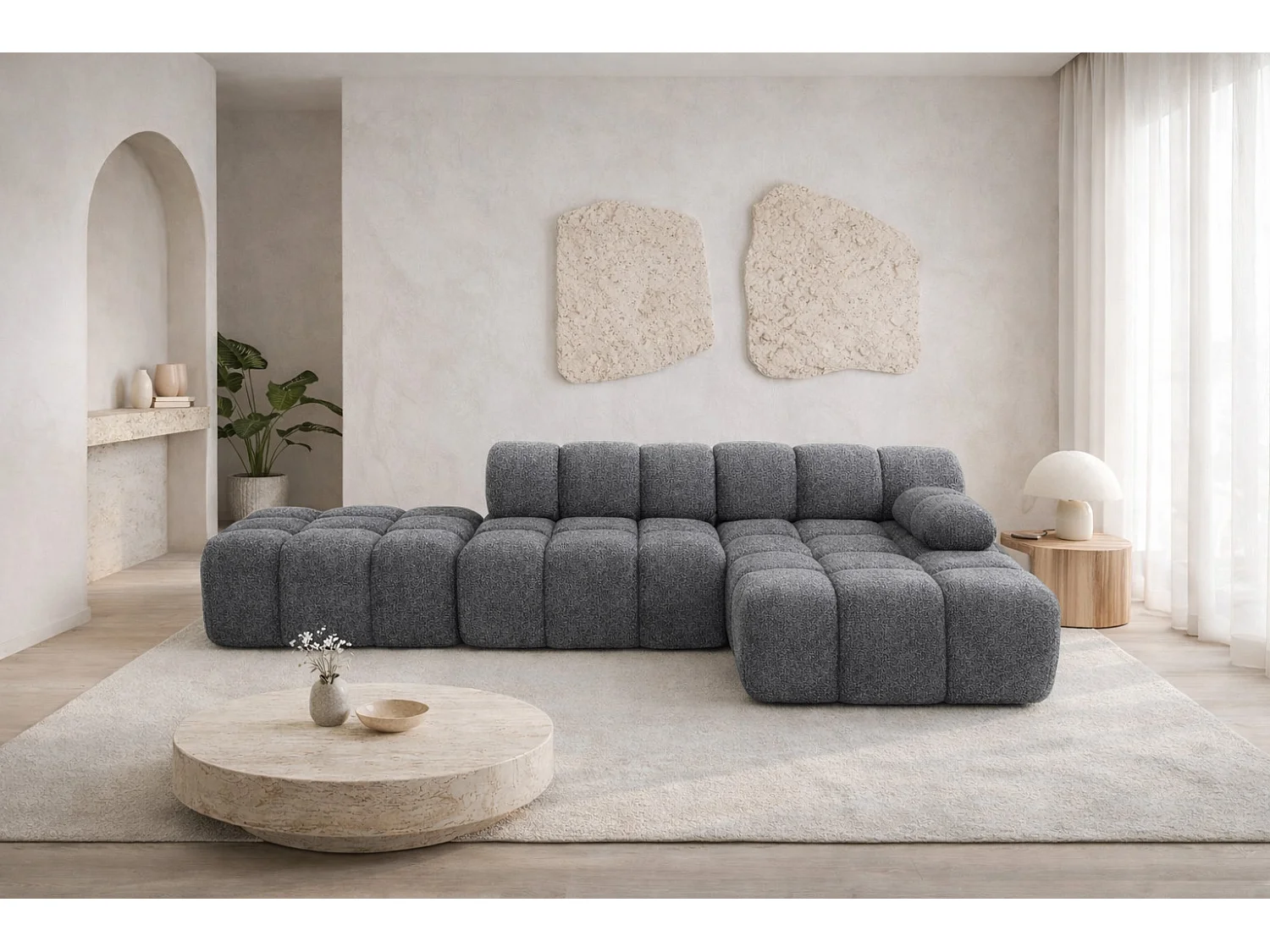Ecksofa modular mit Hocker, Sofa L-Form, Bouclé-Stoff Abriamo, Dunkelgrau, Rechts, Selia