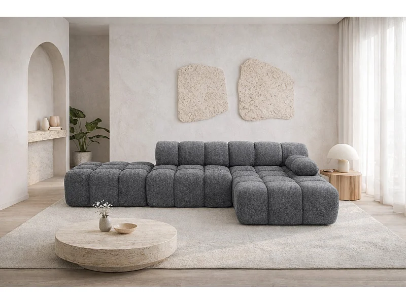 Ecksofa modular mit Hocker, Sofa L-Form, Bouclé-Stoff Abriamo, Dunkelgrau, Rechts, Selia