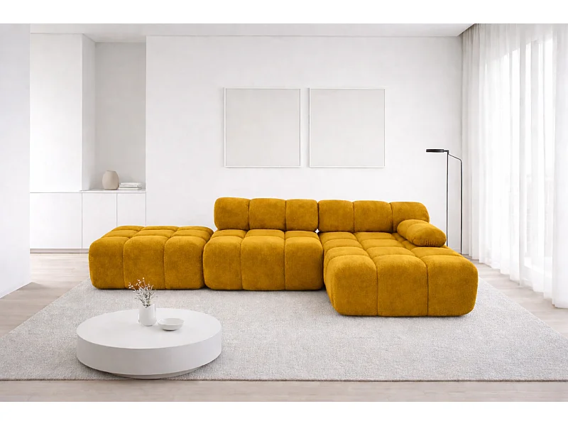 Ecksofa modular mit Hocker, Sofa L-Form, Veloursstoff Salvador, Gelb, Rechts, Selia