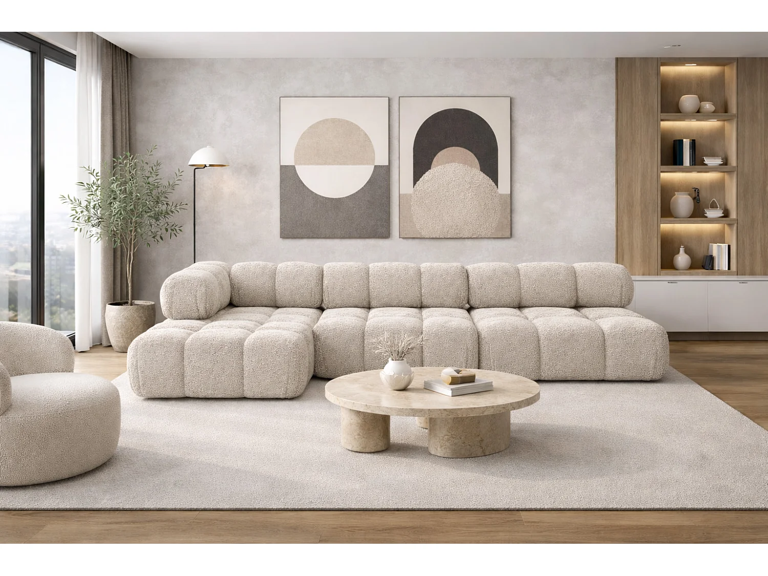 Ecksofa Modulare L-Form, Bouclé-Stoff Abriamo, Beige, Links, Selia