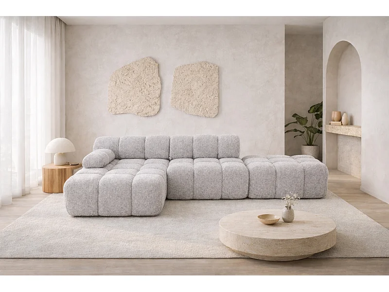 Ecksofa modular mit Hocker, Sofa L-Form, Bouclé-Stoff Abriamo, Hellgrau, Links, Selia