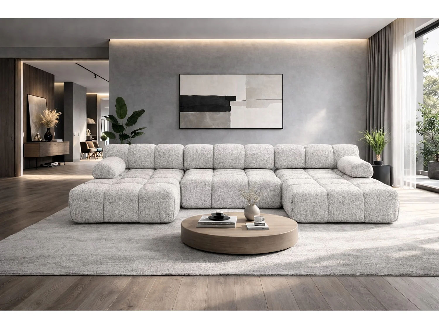 Ecksofa U-Form, Stoff Bouclé Abriamo, Ecru, Selia U