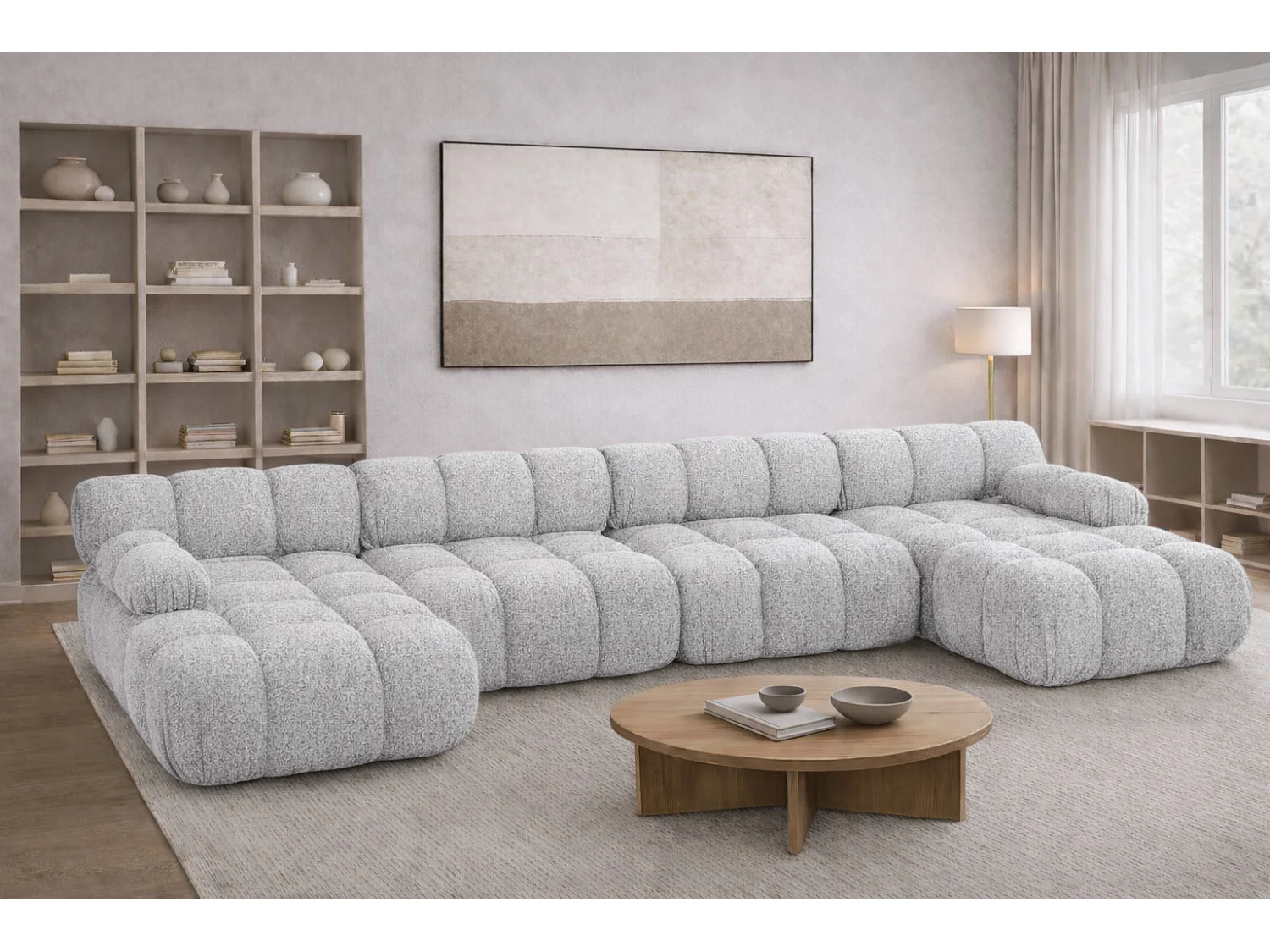 Narożnik modułowy w kształcie U XL, tkanina bukla Abriamo, Jasnoszary, Selia U XL