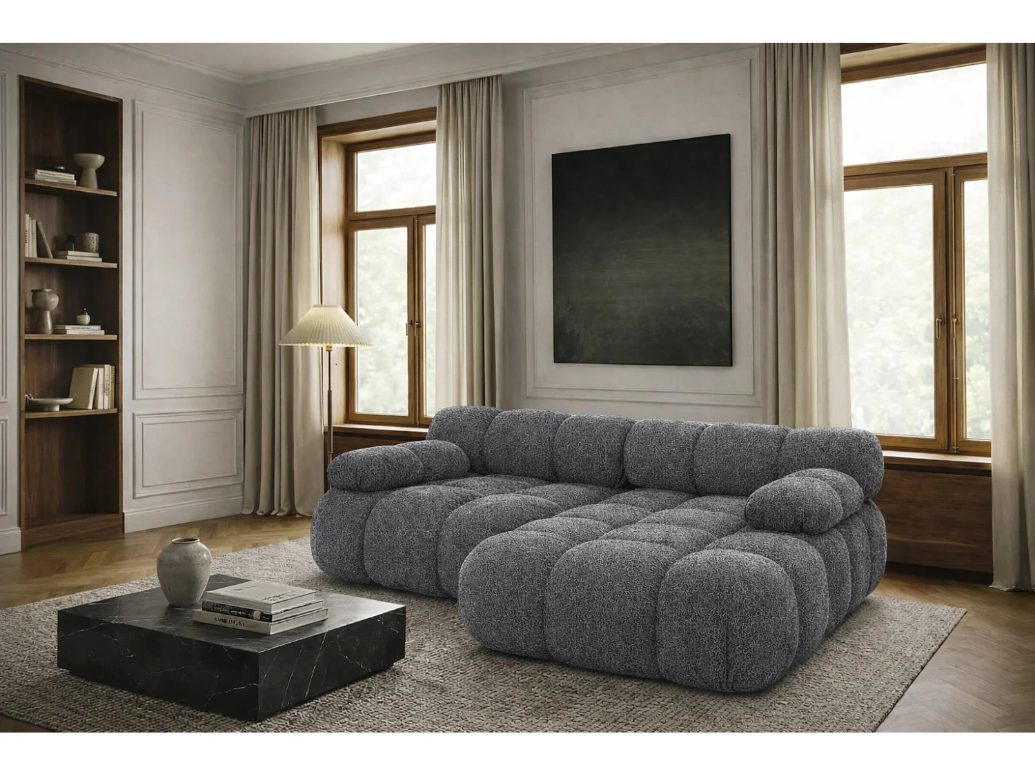 Divano angolare modulare a L Mini, tessuto bouclé Abriamo, Grigio scuro, Destro, Selia