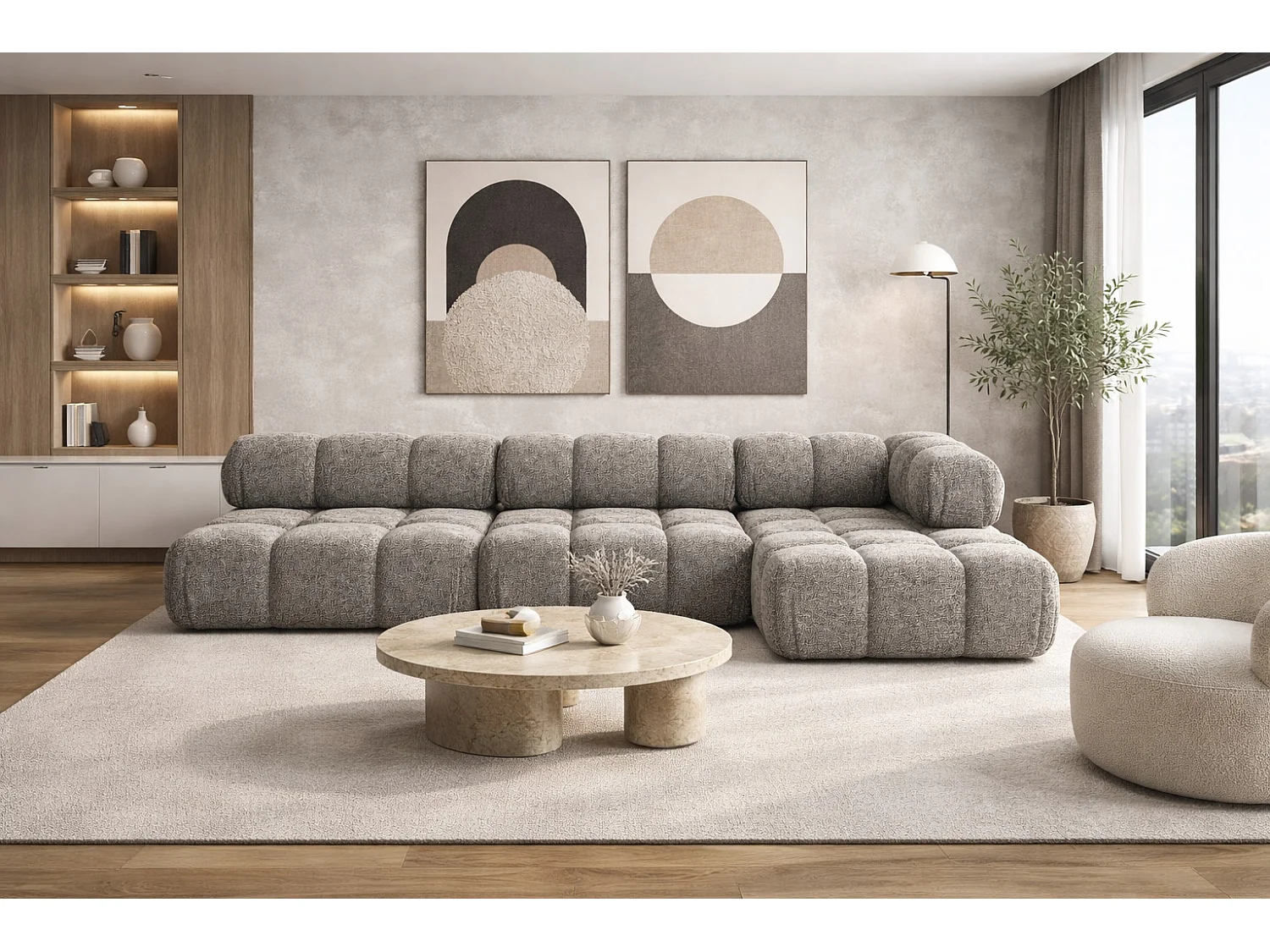 Ecksofa Modulare L-Form, Bouclé-Stoff Abriamo, Braun, Rechts, Selia