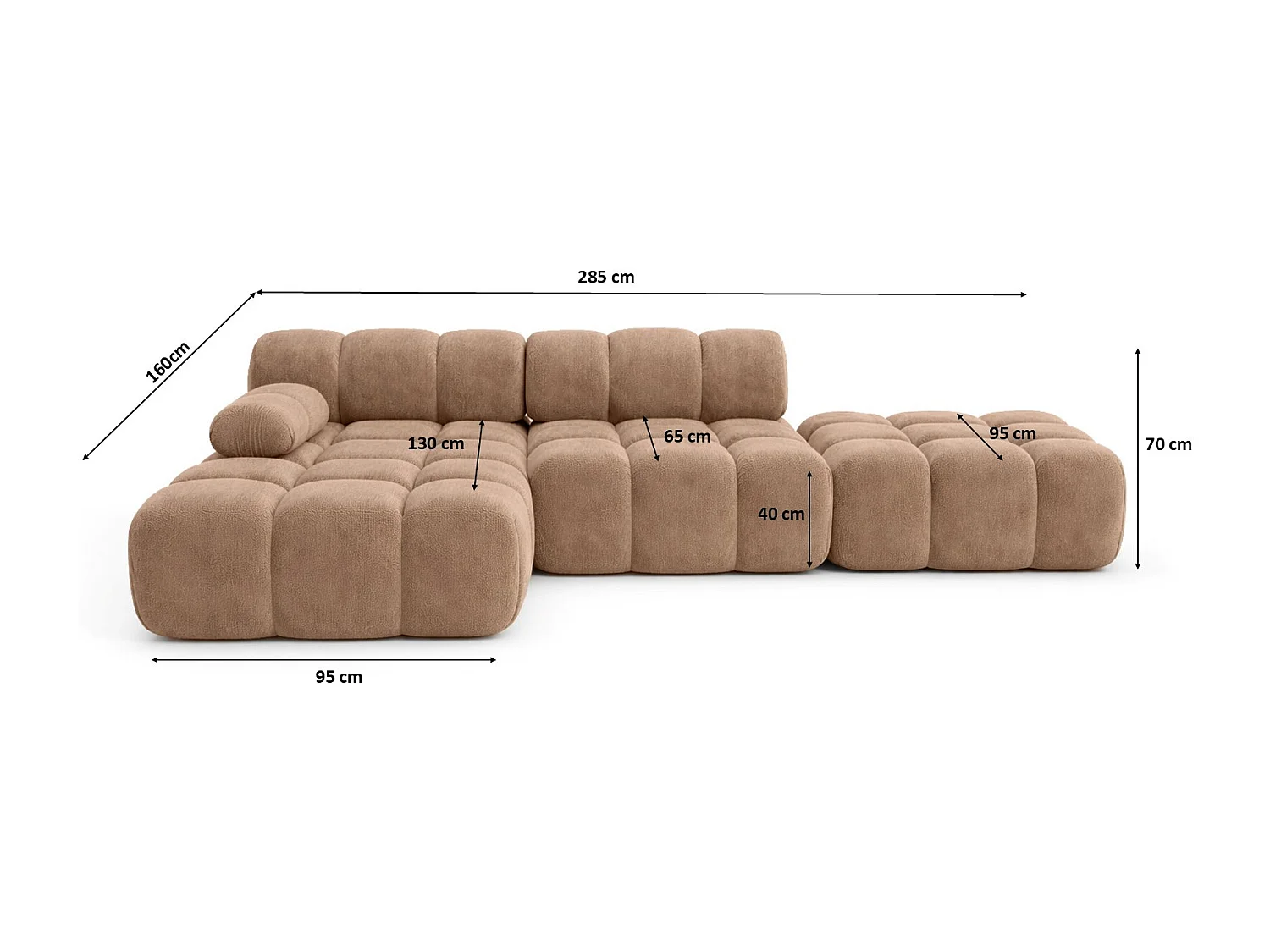 Ecksofa modular mit Hocker, Sofa L-Form, Veloursstoff Salvador, Dunkelbeige, Links, Selia