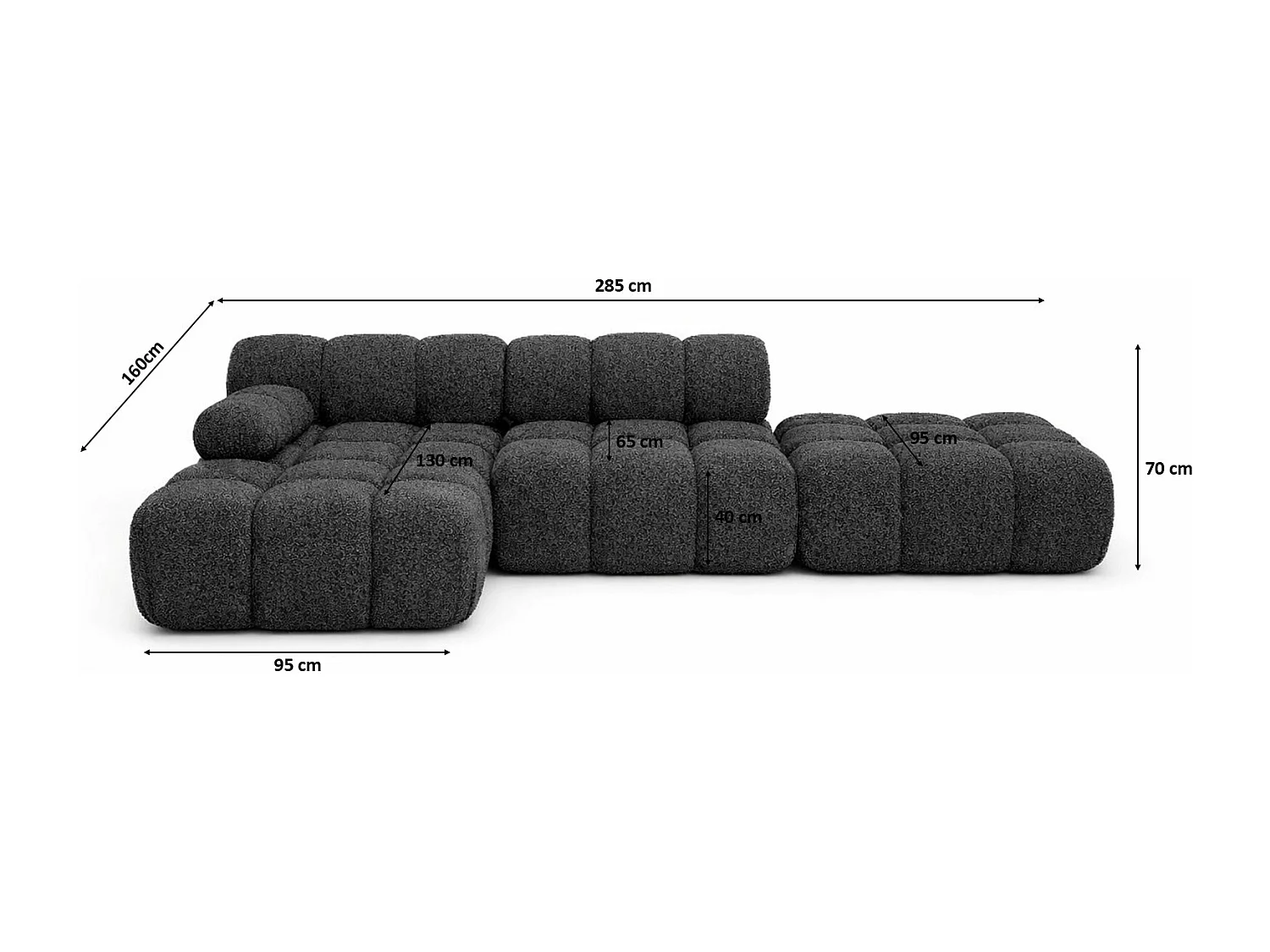 Ecksofa modular mit Hocker, Sofa L-Form, Bouclé-Stoff Abriamo, Graphit, Links, Selia