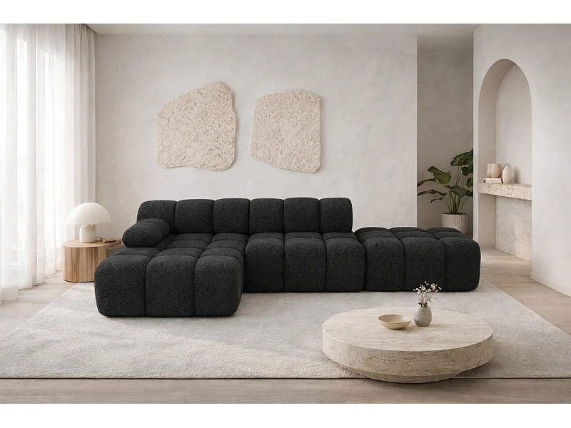 Ecksofa modular mit Hocker, Sofa L-Form, Bouclé-Stoff Abriamo, Graphit, Links, Selia