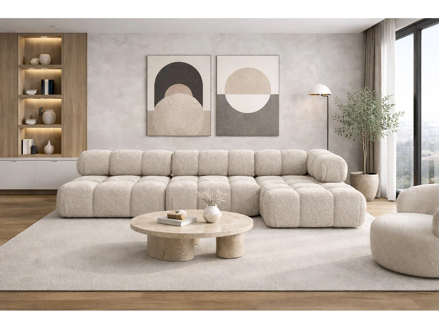 Ecksofa Modulare L-Form, Bouclé-Stoff Abriamo, Beige, Rechts, Selia