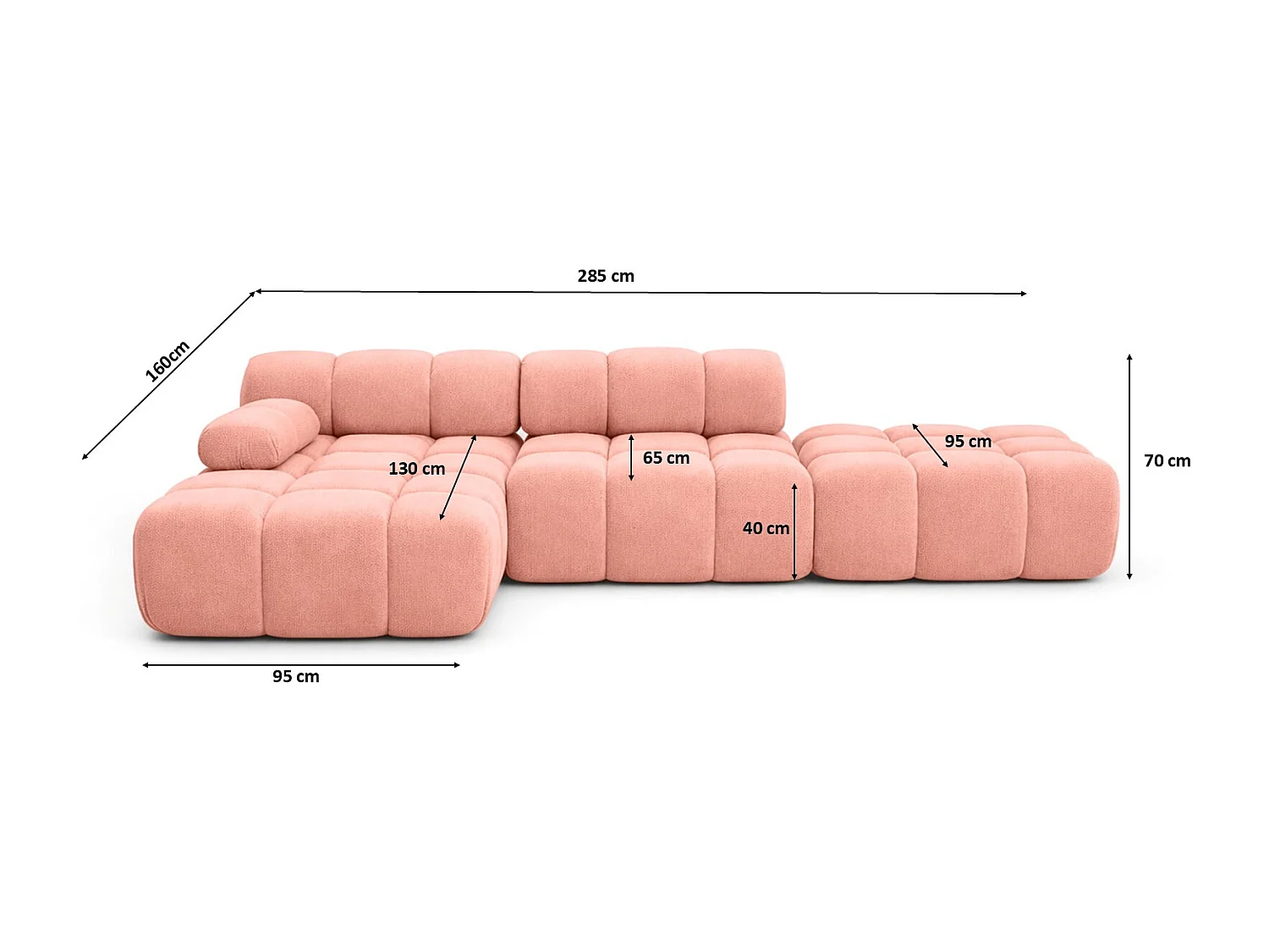 Hoekbank modulair met hocker, bank in L-vorm, veloursstof Salvador, roze, links, Selia