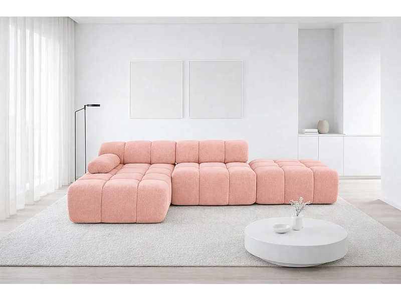 Hoekbank modulair met hocker, bank in L-vorm, veloursstof Salvador, roze, links, Selia