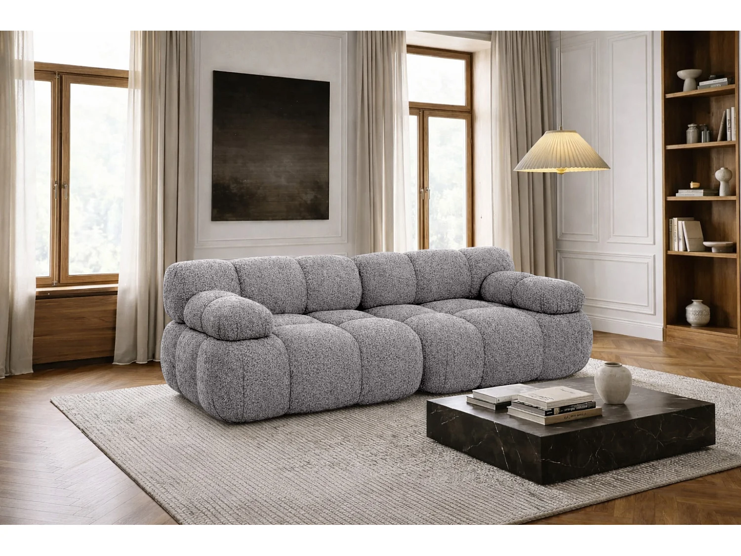 Couch, 2-Sitzer Sofa modular, Bouclé-Stoff Abriamo, Dunkelgrau, Selia