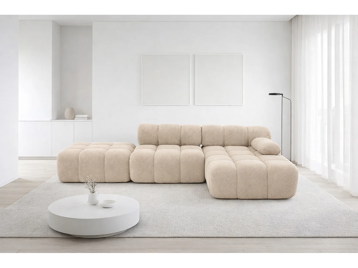 Ecksofa modular mit Hocker, Sofa L-Form, Veloursstoff Salvador, Beige, Rechts, Selia