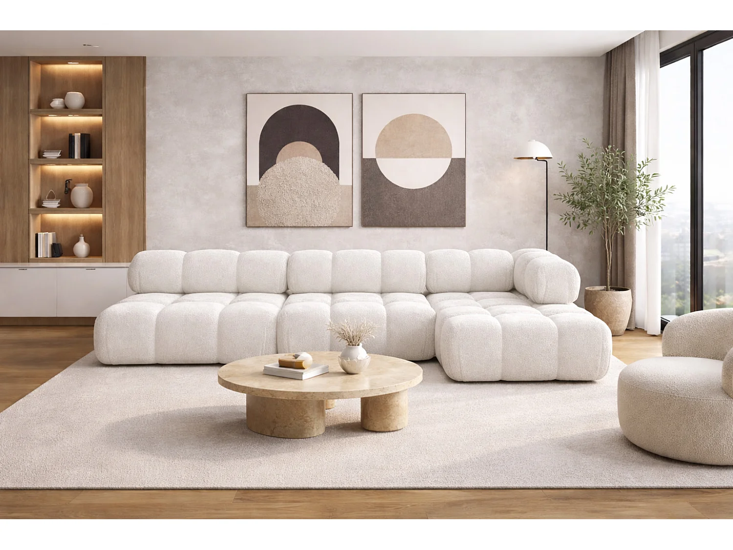 Ecksofa Modulare L-Form, Bouclé-Stoff Abriamo, Ecru, Rechts, Selia