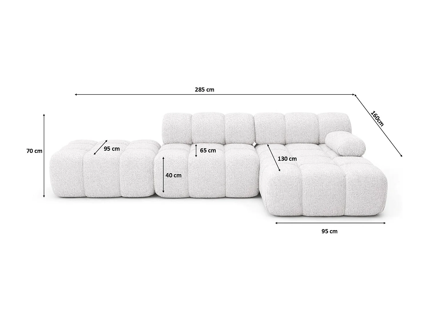 Ecksofa modular mit Hocker, Sofa L-Form, Bouclé-Stoff Abriamo, Ecru, Rechts, Selia