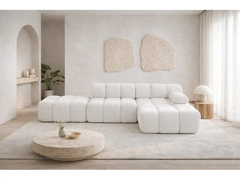 Ecksofa modular mit Hocker, Sofa L-Form, Bouclé-Stoff Abriamo, Ecru, Rechts, Selia